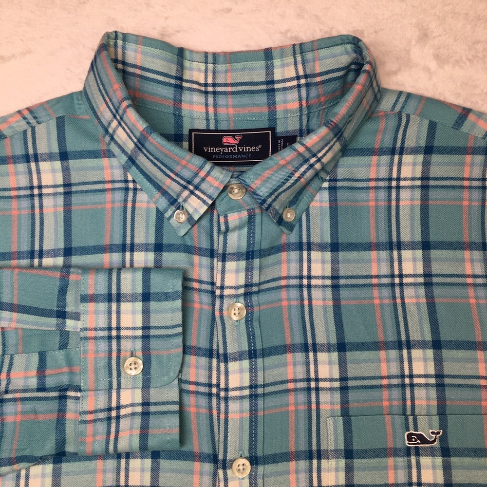 Vineyard Vines Shirt Mens Large Blue/Pink Plaid Slim Fit Tucker Soft Cotton